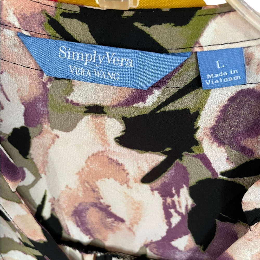 Simply Vera Vera Wang Long Sleeve V Neck 4 Button Popover Floral Blouse Large - Picture 10 of 14